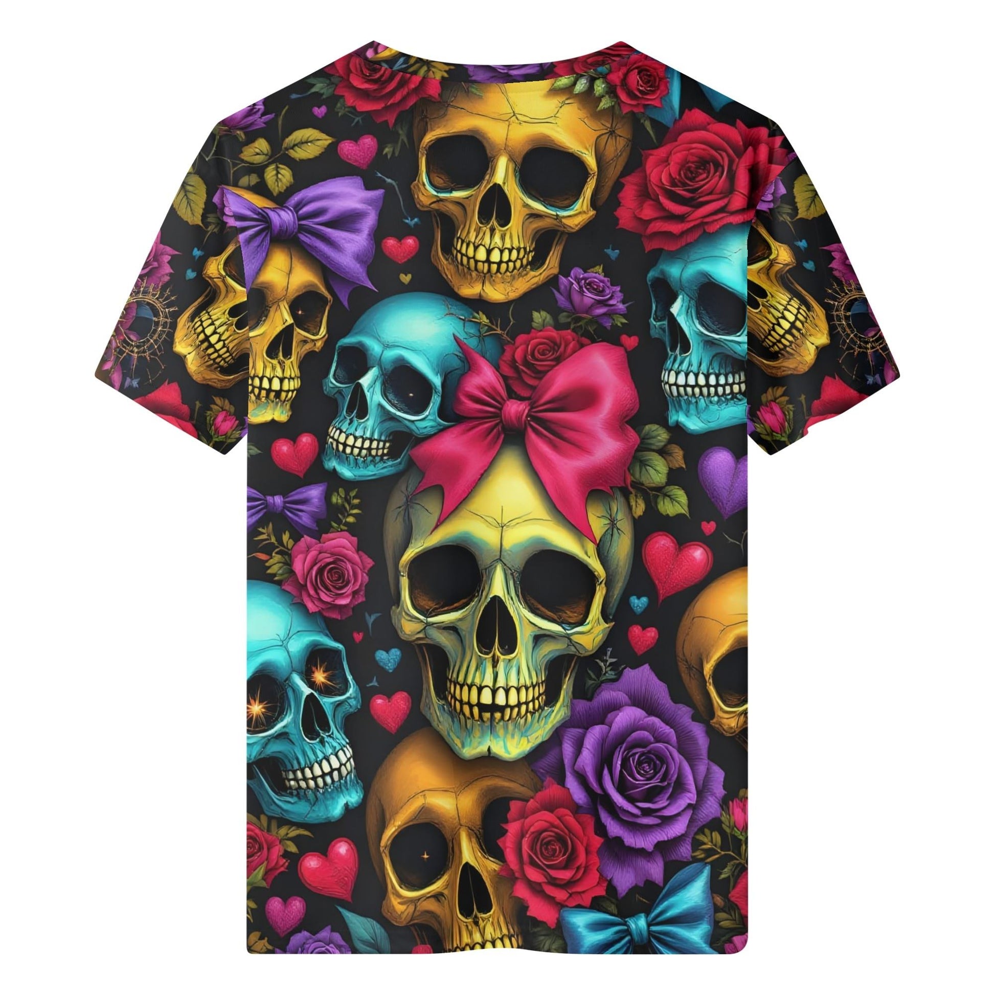 Sugarpunk Love Organic Cotton Kids T-Shirt with colorful skulls, roses, and heart designs by Loud and Lethal