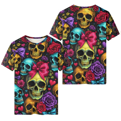 Sugarpunk Love Organic Cotton Kids T-Shirt by Loud and Lethal featuring colorful skulls with bows and roses