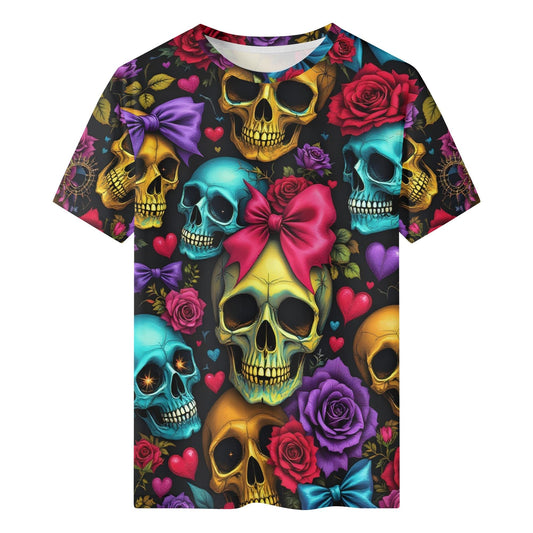 Sugarpunk Love Organic Cotton Kids T-Shirt featuring colorful skulls with bows and vibrant roses all over