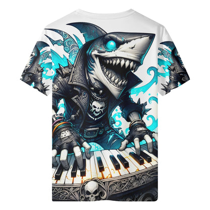 Synth Shark Attack Organic Cotton Kids T-Shirt featuring a cool shark playing keyboard with a punk rock style