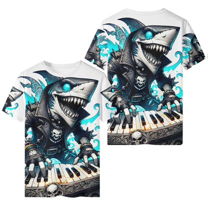 Synth Shark Attack Organic Cotton Kids T-Shirt featuring a shark playing piano in a leather jacket