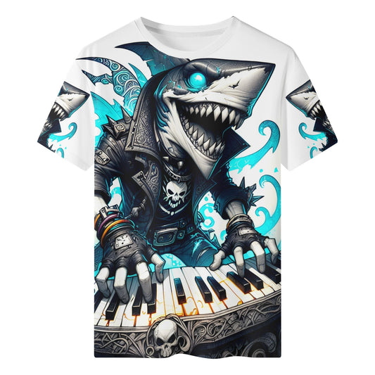Synth Shark Attack Organic Cotton Kids T-Shirt featuring a cool shark playing a keyboard in a leather jacket