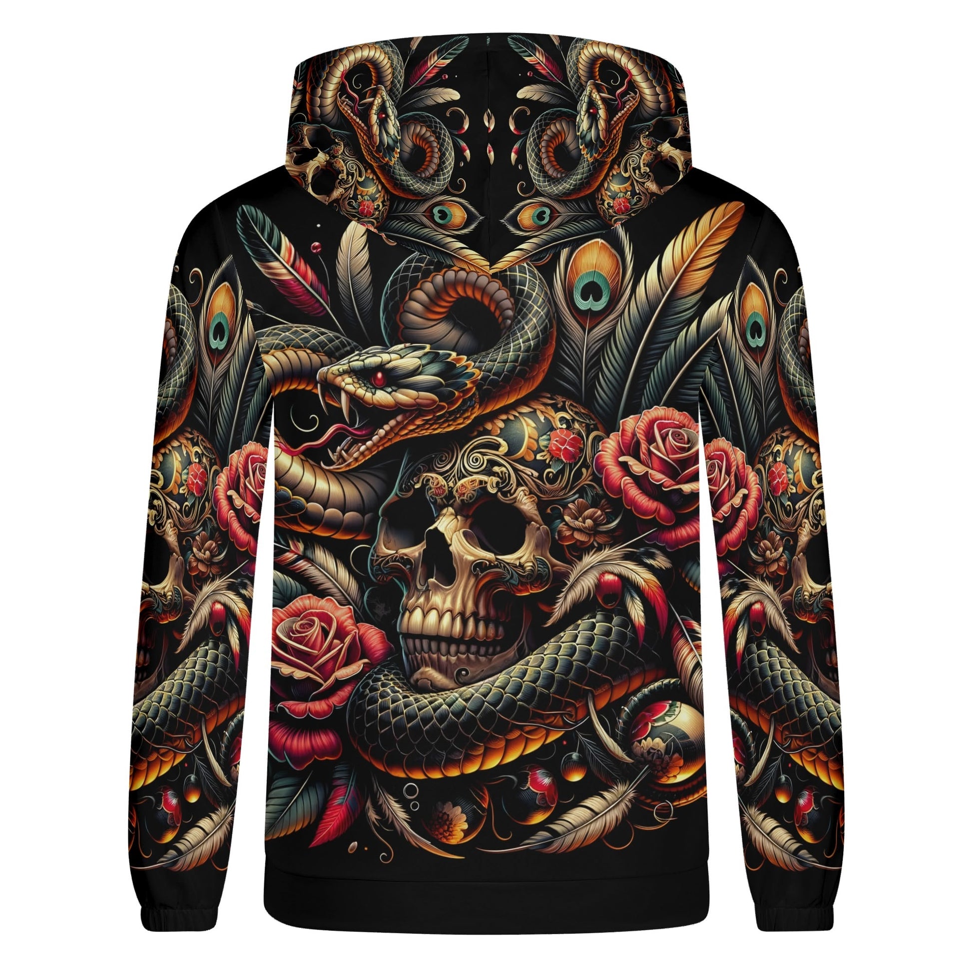 Loud and Lethal Tangled Fate Cotton Terry Hoodie featuring a detailed skull, snake, roses, and feathers design