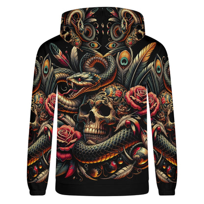 Loud and Lethal Tangled Fate Cotton Terry Hoodie featuring a detailed skull, snake, roses, and feathers design