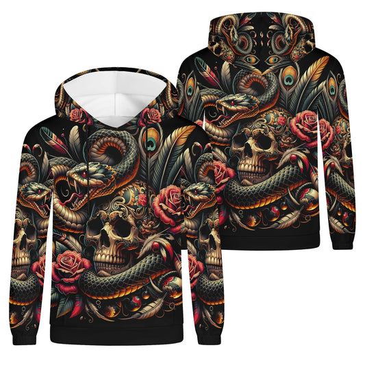 Unisex Tangled Fate Cotton Terry Hoodie with skull, snake, feather, and rose graphic design by Loud and Lethal