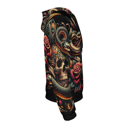 Side view of Loud and Lethal Tangled Fate Cotton Terry Hoodie with skull, snake, and rose graphic design