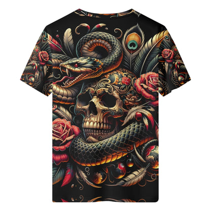 Loud and Lethal Tangled Fate Lycra T-Shirt featuring detailed skull, snake, roses, and feathers design