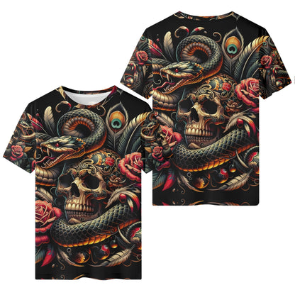 Tangled Fate Lycra T-Shirt by Loud and Lethal with skull, snake, roses, and feathers graphic design