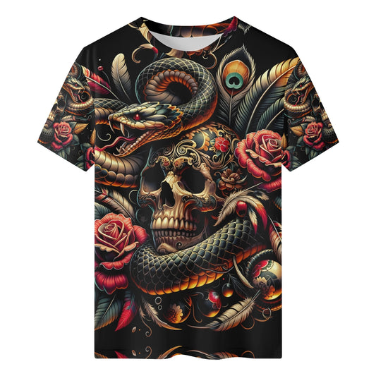Loud and Lethal Tangled Fate Lycra T-Shirt featuring skull, snake, roses, and feathers design on black background