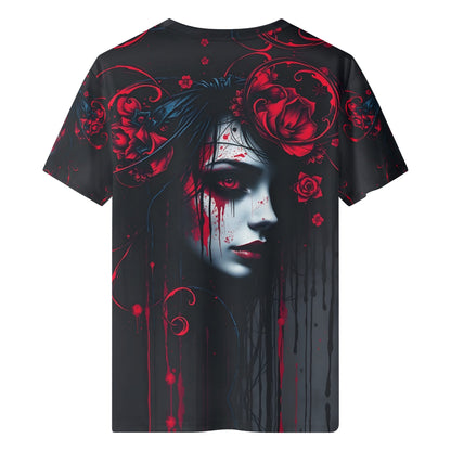 Loud and Lethal Tendrils of Darkness Lycra T-Shirt featuring dark gothic woman with red roses design