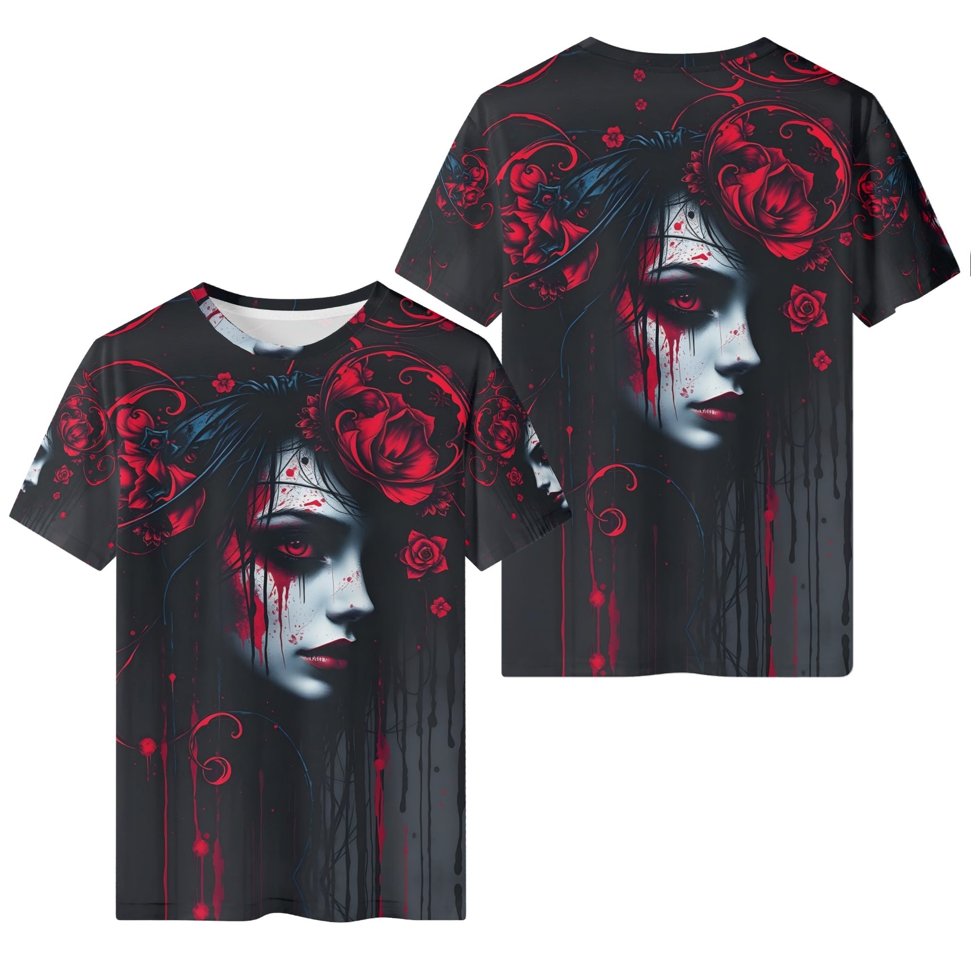 Tendrils of Darkness Lycra T-Shirt by Loud and Lethal featuring a dark artistic female face with red floral and vine details