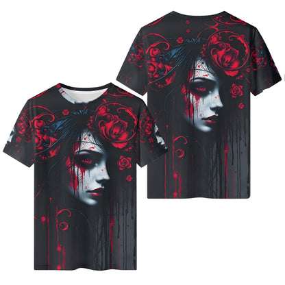 Tendrils of Darkness Lycra T-Shirt by Loud and Lethal featuring a dark artistic female face with red floral and vine details