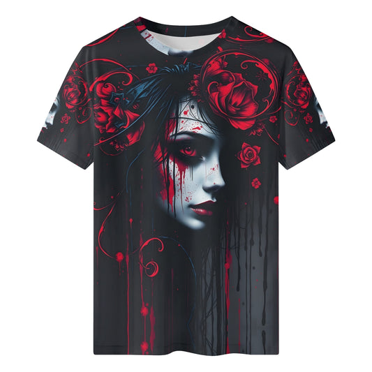 Tendrils of Darkness Lycra T-Shirt featuring dark artistic design of a woman's face with red roses by Loud and Lethal
