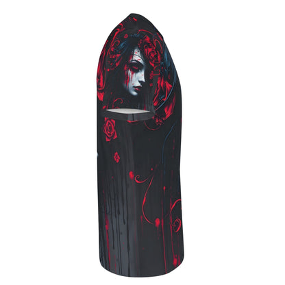 Side view of Loud and Lethal Tendrils of Darkness Lycra T-Shirt featuring dark gothic art with red and black colors