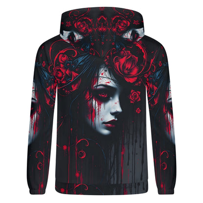 Tendrils of Darkness Poly French Terry Hoodie by Loud and Lethal with dark artistic face and red floral design