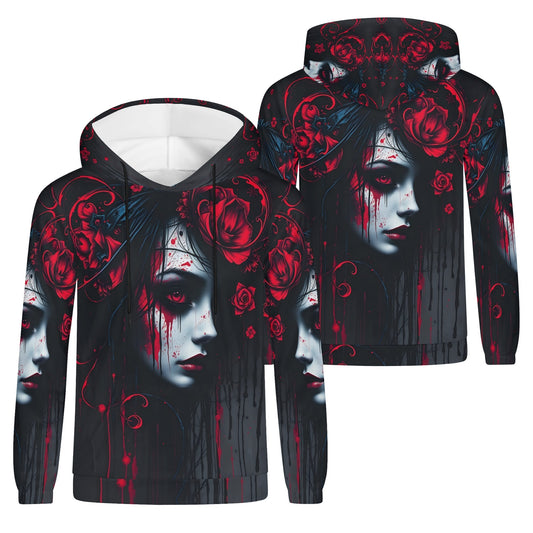 Tendrils of Darkness Poly French Terry Hoodie by Loud and Lethal featuring dark gothic art with red roses and haunting female face