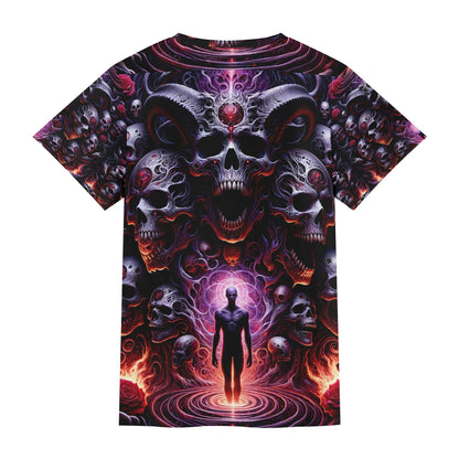 The Abyssal Symphony Lycra T-Shirt by Loud and Lethal featuring dark skulls and fiery surreal design