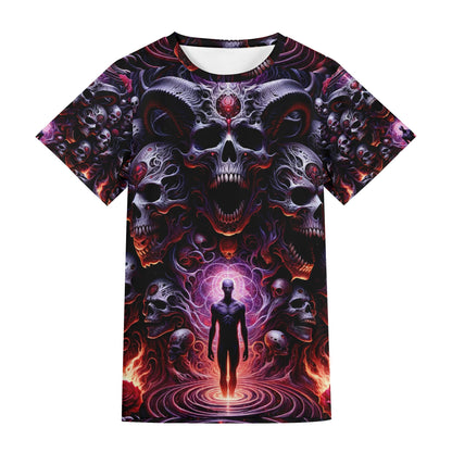 The Abyssal Symphony Lycra T-Shirt by Loud and Lethal featuring dark skull and fiery mystical design