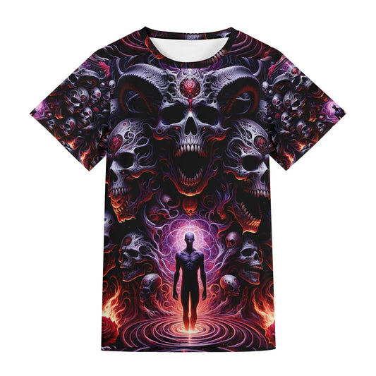 The Abyssal Symphony Lycra T-Shirt by Loud and Lethal featuring dark skull and fiery mystical design