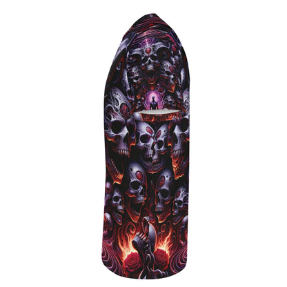 Loud and Lethal The Abyssal Symphony Lycra T-Shirt with dark skull and fiery rose design unisex tee