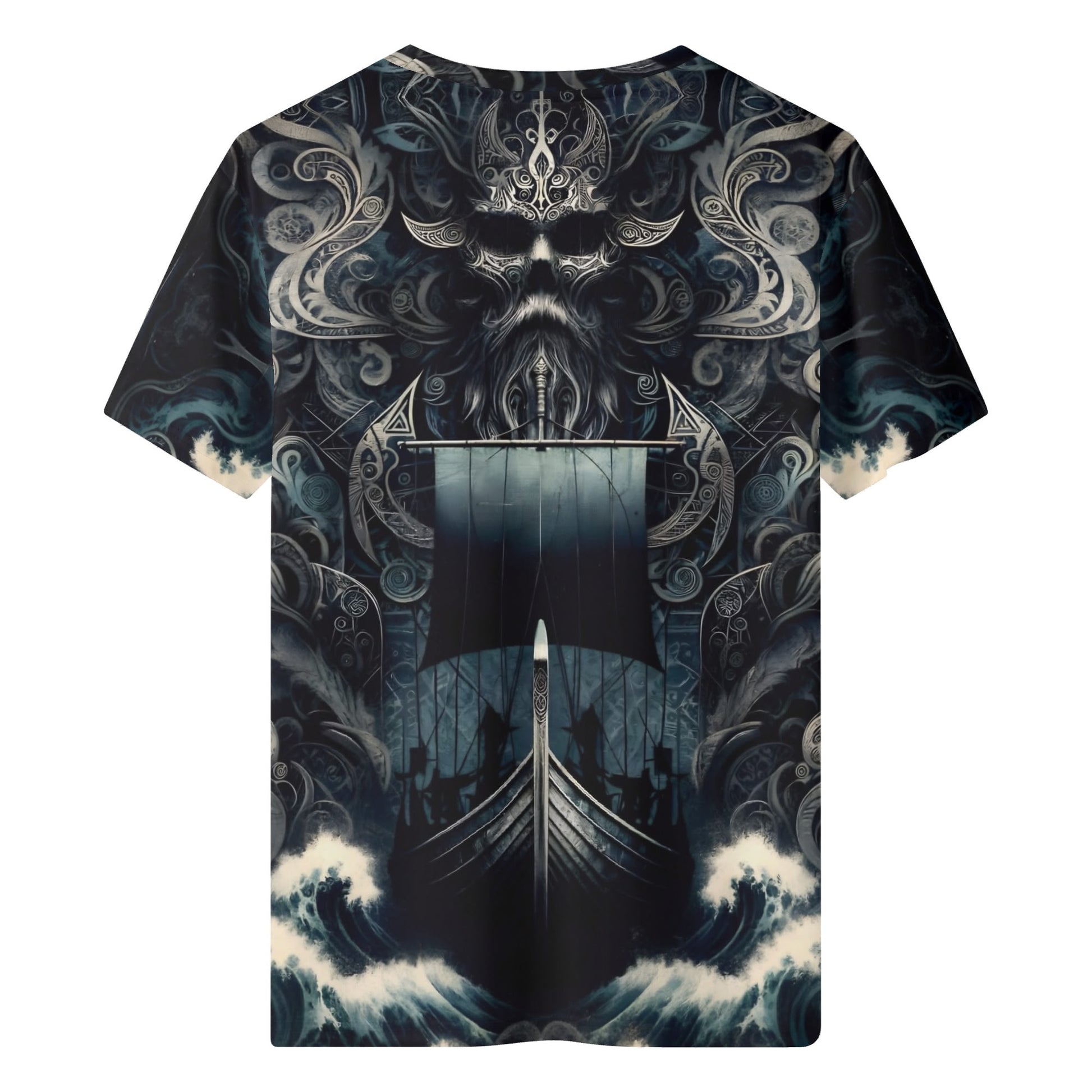 The Allfathers Wake Organic Cotton T-Shirt featuring a dark Norse god and Viking ship design by Loud and Lethal