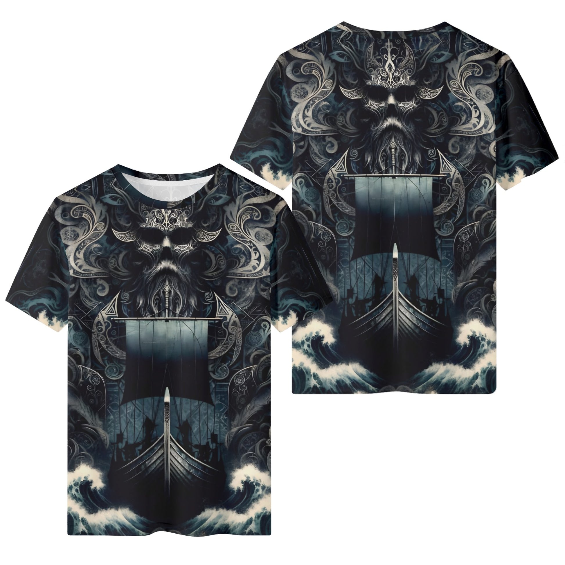 The Allfathers Wake Organic Cotton T-Shirt featuring a dark Viking ship and Norse-inspired artwork on black