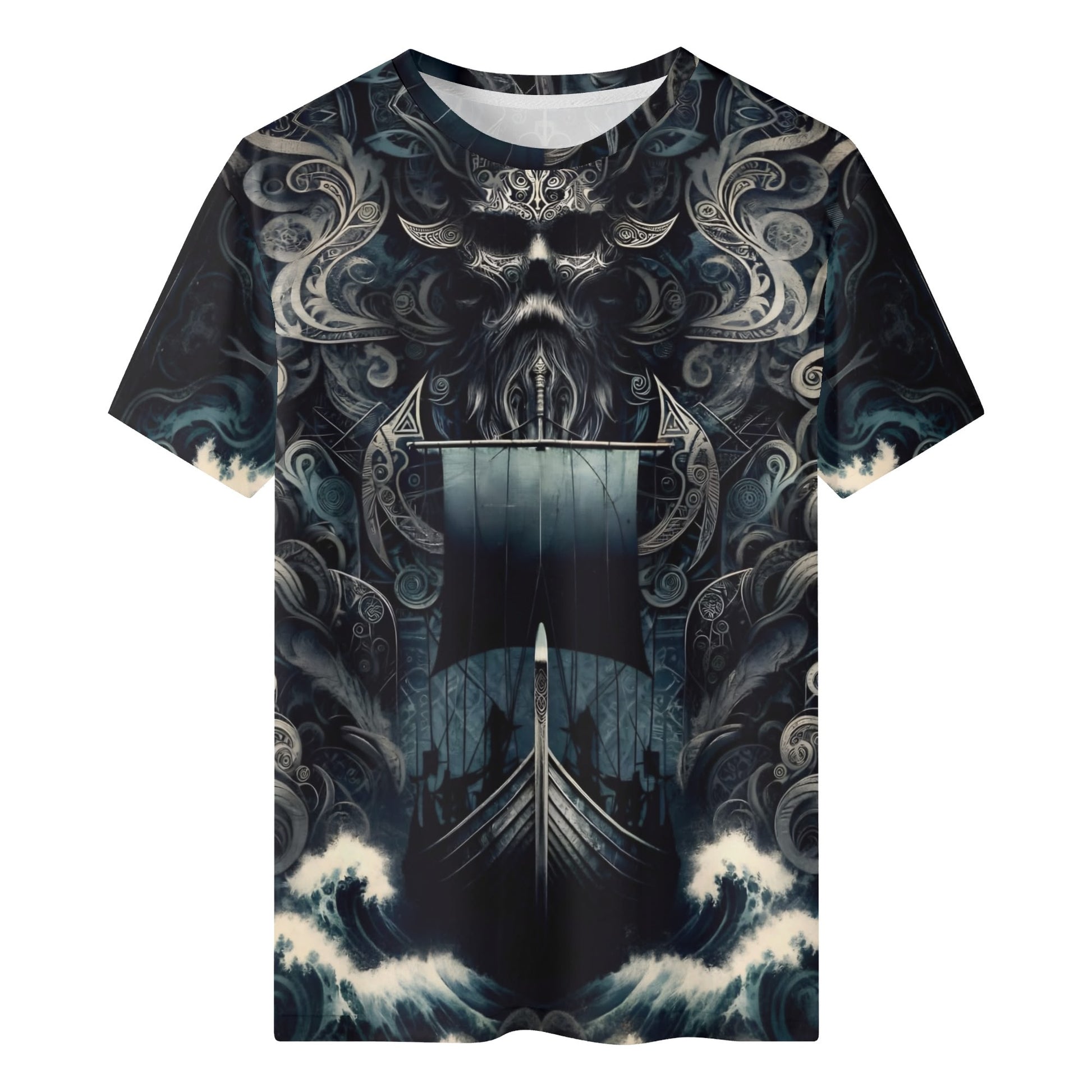The Allfathers Wake Organic Cotton T-Shirt featuring dark Norse mythology design with Viking ship and intricate waves