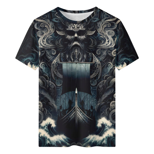 The Allfathers Wake Organic Cotton T-Shirt featuring dark Norse mythology design with Viking ship and intricate waves