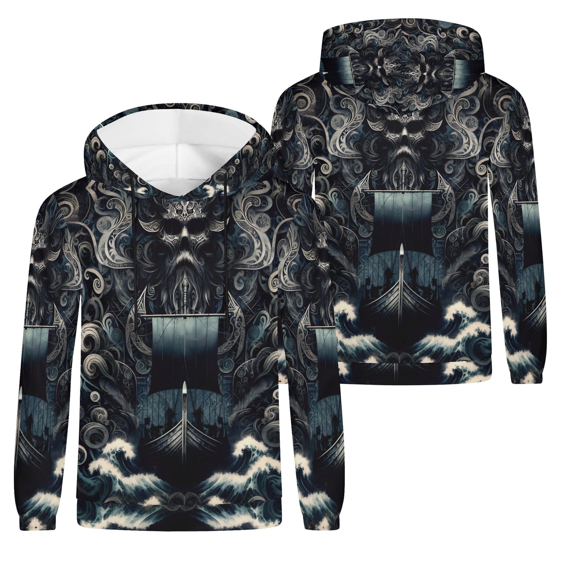 The Allfathers Wake Poly French Terry Hoodie with dark intricate Norse design and Viking ship graphic
