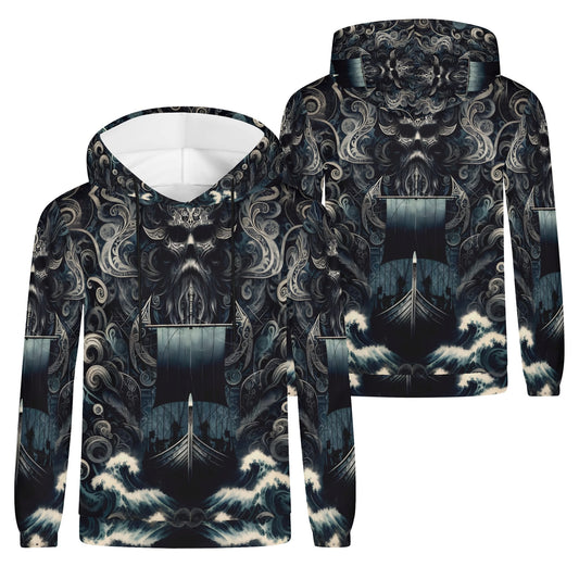 The Allfathers Wake Poly French Terry Hoodie with dark intricate Norse design and Viking ship graphic