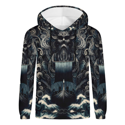 The Allfathers Wake Poly French Terry Hoodie by Loud and Lethal with dark Viking ship and stormy sea design