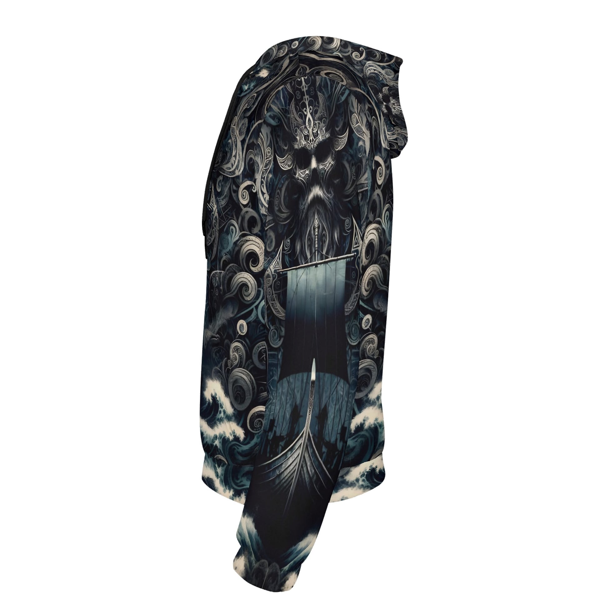 Side view of The Allfathers Wake Poly French Terry Hoodie by Loud and Lethal with dark Norse-inspired ship and sea design