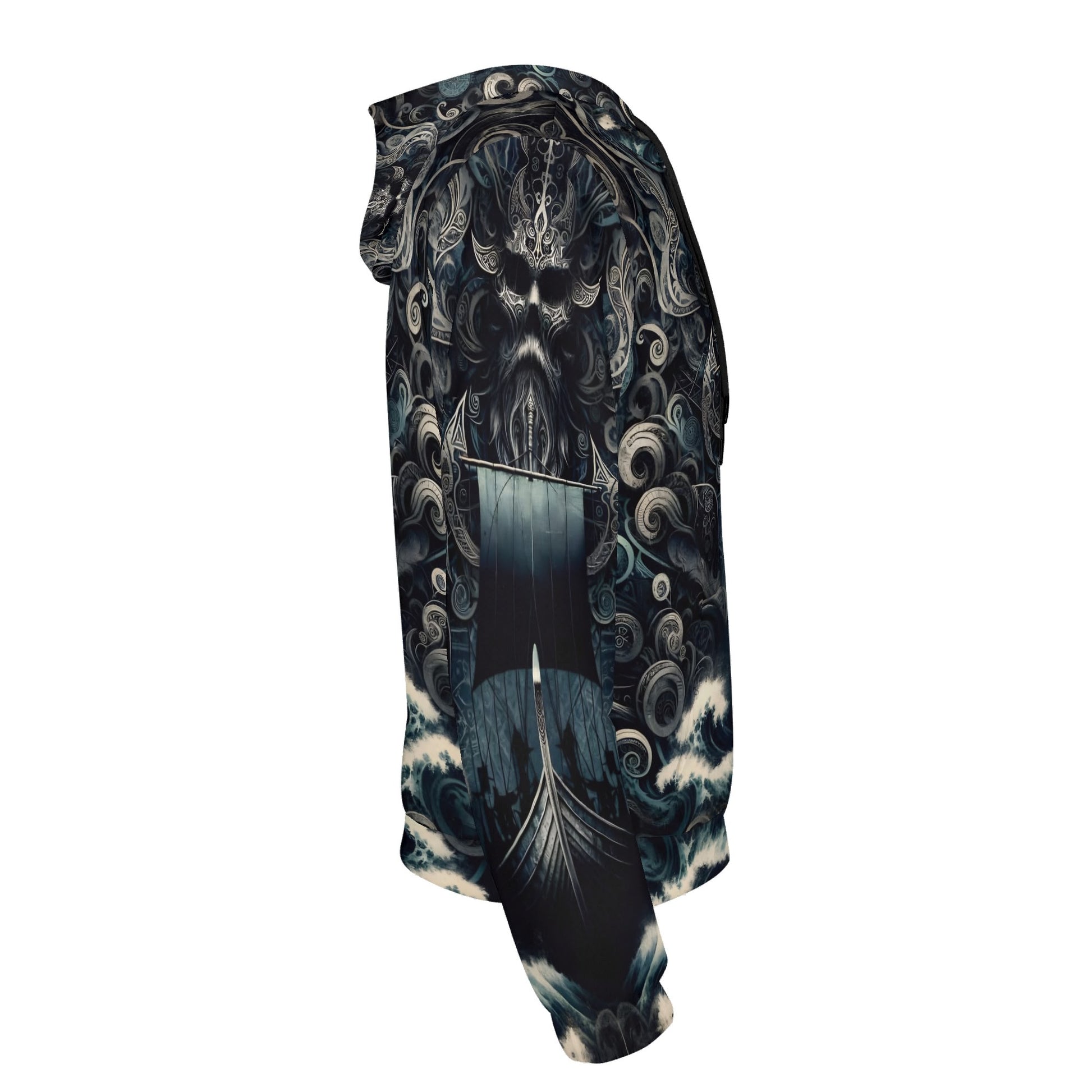 Side view of The Allfathers Wake Poly French Terry Hoodie by Loud and Lethal featuring a dark Norse mythology design