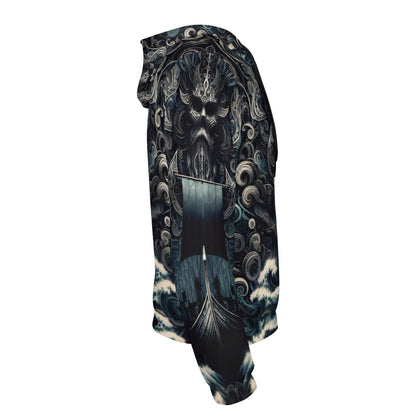Side view of The Allfathers Wake Poly French Terry Hoodie by Loud and Lethal featuring a dark Norse mythology design