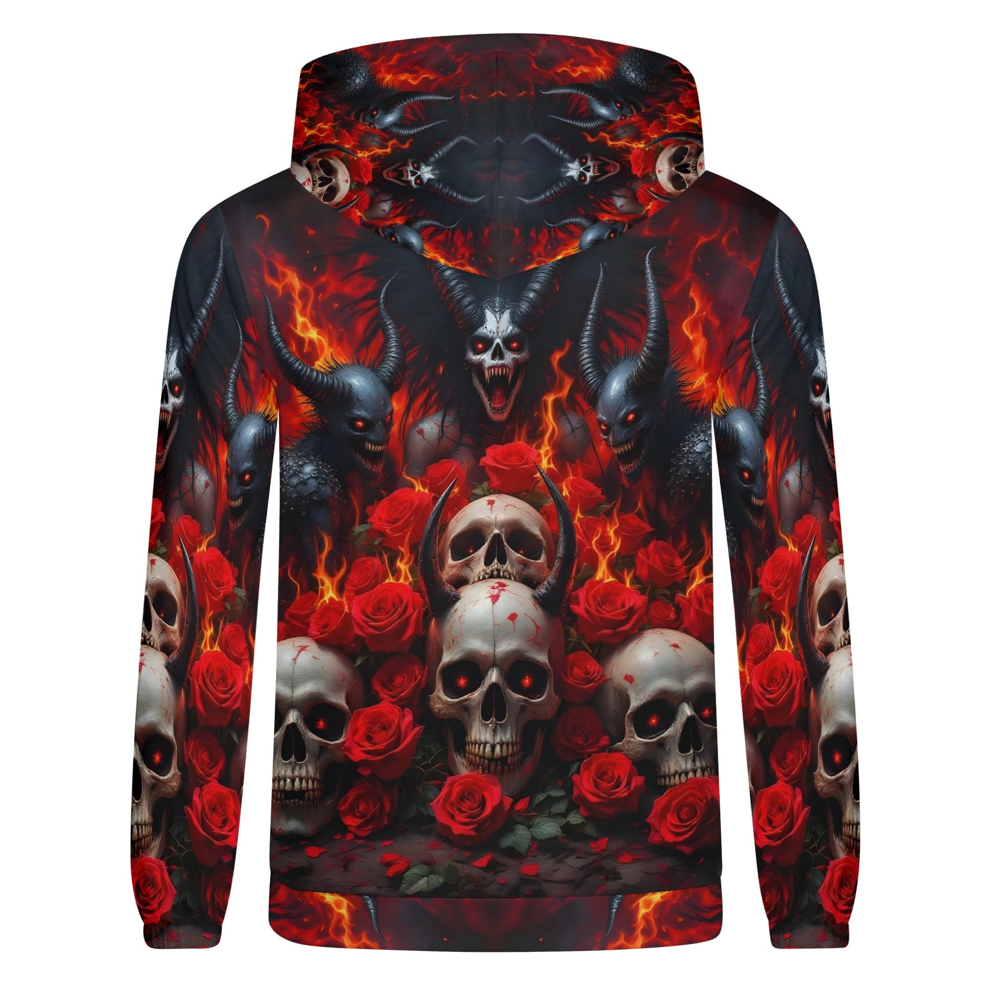 The Eternal Inferno Cotton Terry hoodie with skulls, red roses, and fiery demonic design by Loud and Lethal