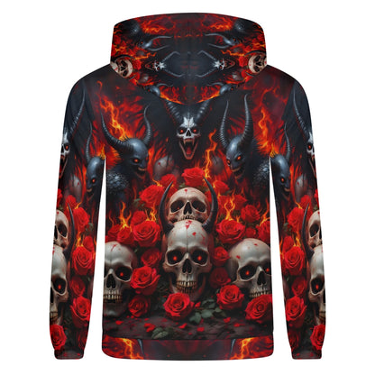 The Eternal Inferno Cotton Terry hoodie with skulls, red roses, and fiery demonic design by Loud and Lethal