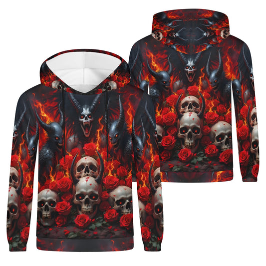 The Eternal Inferno Cotton Terry hoodie by Loud and Lethal featuring skulls, flames, and red roses in a dark gothic design