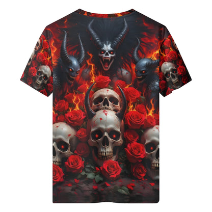 The Eternal Inferno Organic Cotton T-Shirt with skulls, red roses, and fiery demon design in vivid colors