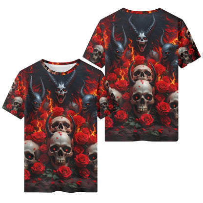 The Eternal Inferno Organic Cotton T-Shirt by Loud and Lethal with skulls, red roses, and fiery demonic design