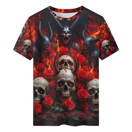 The Eternal Inferno Organic Cotton T-Shirt with fiery skulls, red roses, and dark demonic horns design