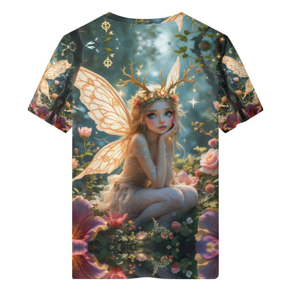 The Fairys Grace 100 Cotton Kids T-Shirt featuring a detailed fairy with wings and floral nature design