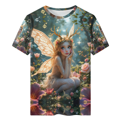 The Fairys Grace Organic Cotton Kids T-Shirt featuring a whimsical fairy with glowing wings surrounded by colorful flowers