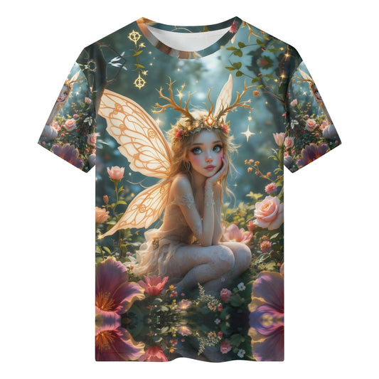 The Fairys Grace Organic Cotton Kids T-Shirt featuring a whimsical fairy with glowing wings surrounded by colorful flowers