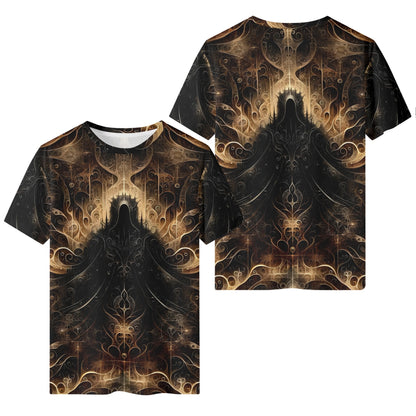 The Gilded Enigma Lycra T-Shirt by Loud and Lethal with dark intricate golden abstract design