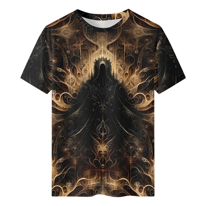 The Gilded Enigma Lycra T-Shirt unisex with intricate dark gold and black abstract design by Loud and Lethal
