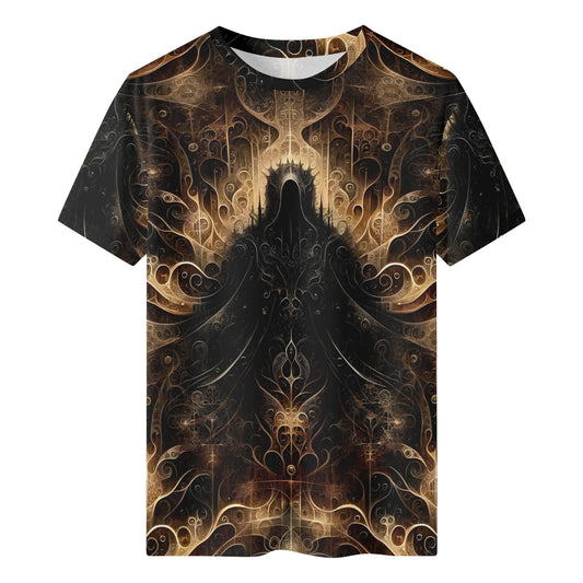 The Gilded Enigma Lycra T-Shirt unisex with intricate dark gold and black abstract design by Loud and Lethal