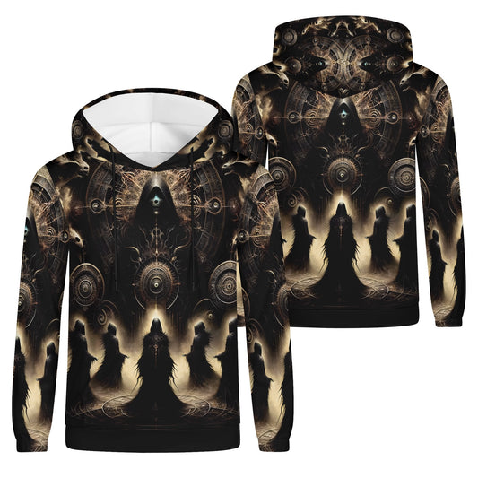The Hooded Covenant Cotton Terry hoodie by Loud and Lethal with dark mystical design and detailed patterns on front and back
