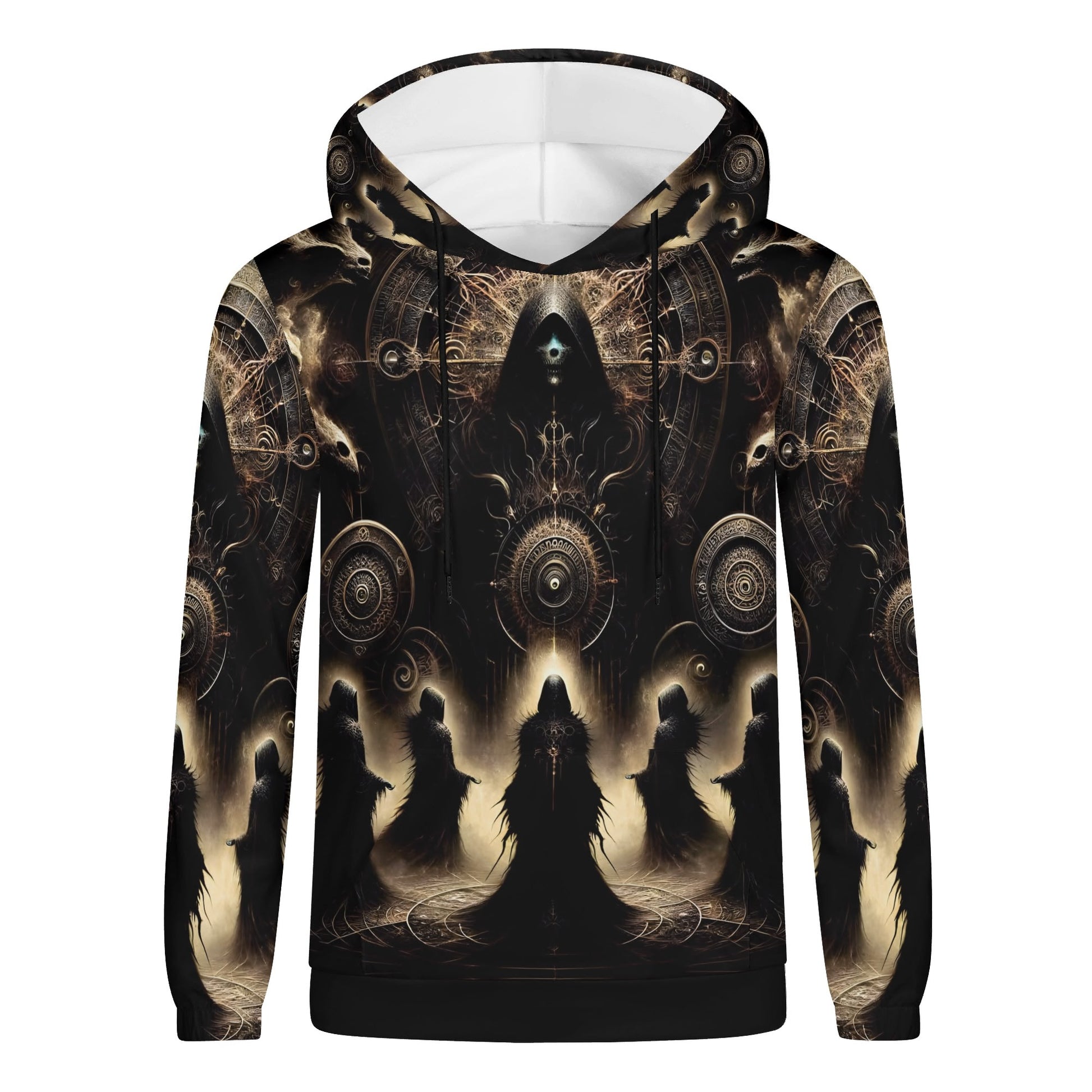 The Hooded Covenant Cotton Terry hoodie by Loud and Lethal with dark mystical hooded figures and intricate circular designs