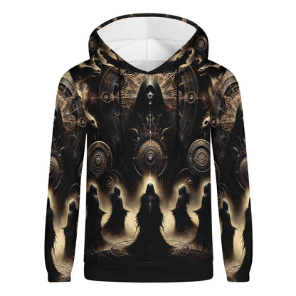 The Hooded Covenant Cotton Terry hoodie by Loud and Lethal with dark mystical hooded figures and intricate circular designs