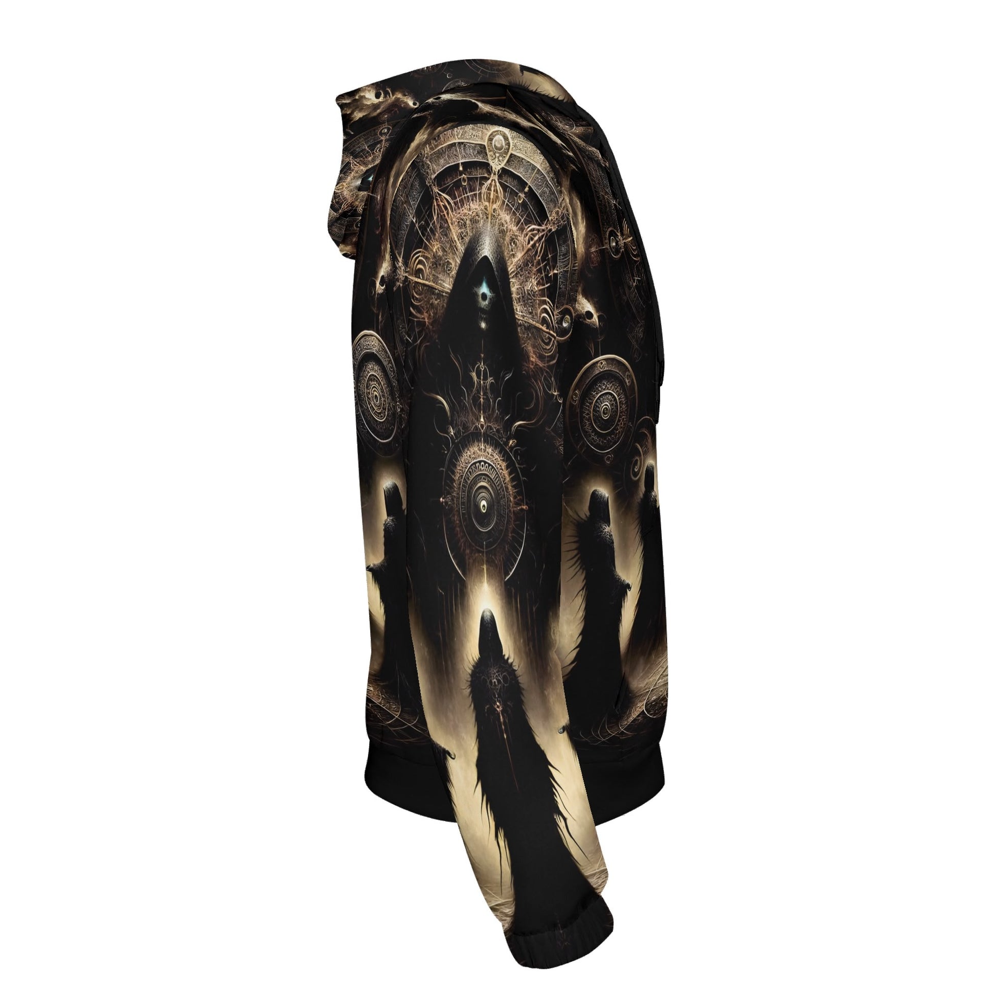 Side view of The Hooded Covenant Cotton Terry hoodie by Loud and Lethal featuring dark mystical hooded figures design